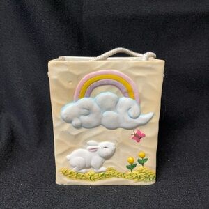 Pastel vase/planter/basket with Rainbow and Bunny